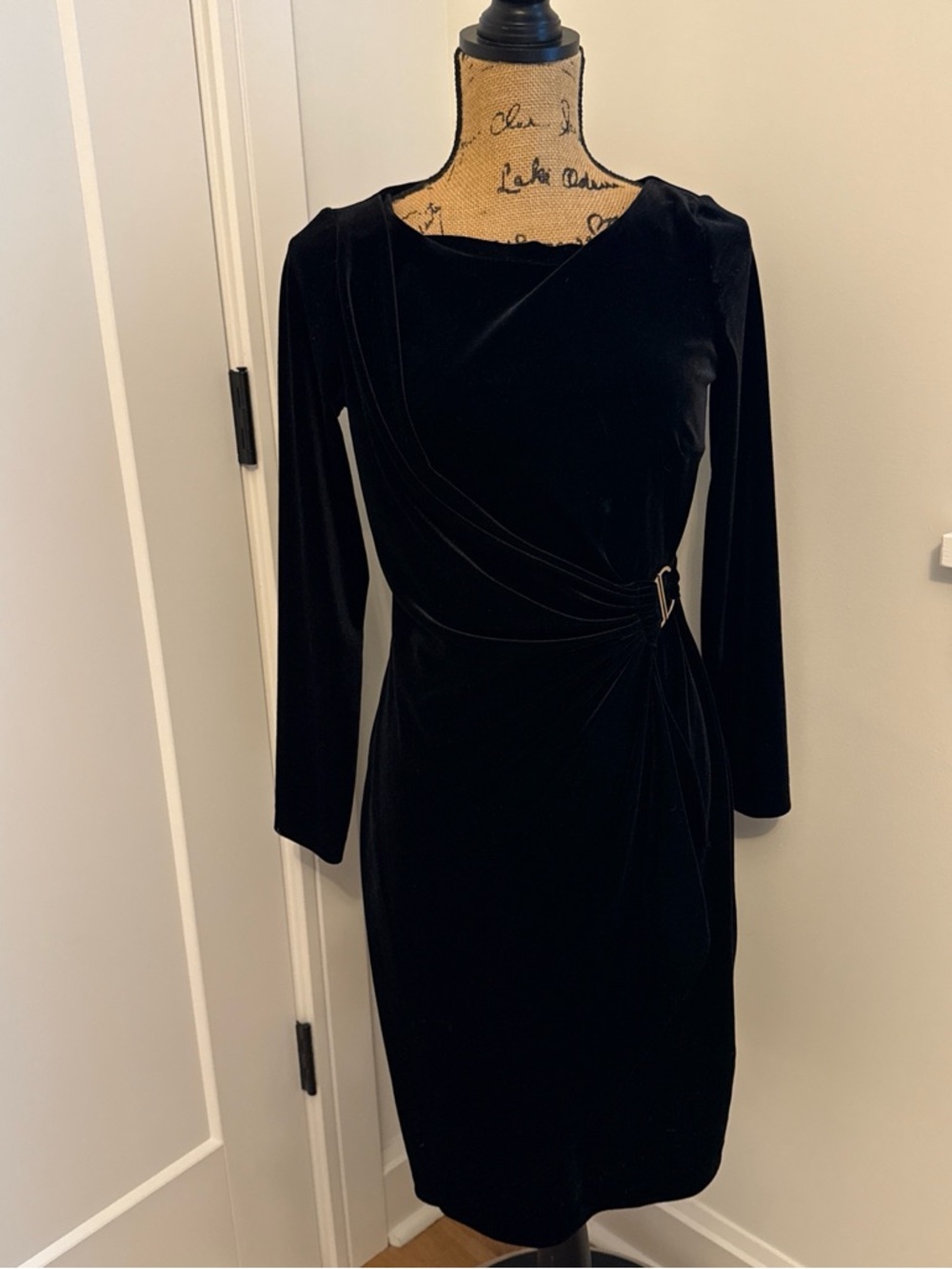 DKNY Black Velvet Long-Sleeve Draped Dress with Side Buckle